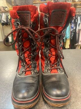 Coach Red and Black Lace-Up Winter Boots